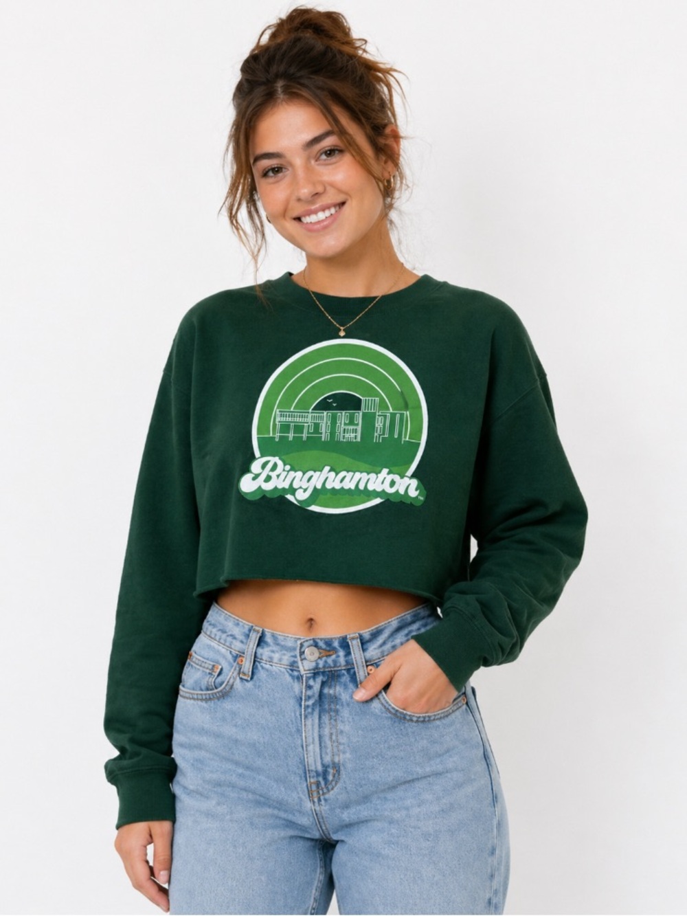 Binghamton University Womens Crop Sweatshirt Sz S Green NWT Suny uscape apparel
